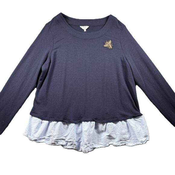 Crown & Ivy Women Top Navy Blue Queen Bee Patch Layer Shirt Peplum 0X XL C214 - Picture 1 of 10